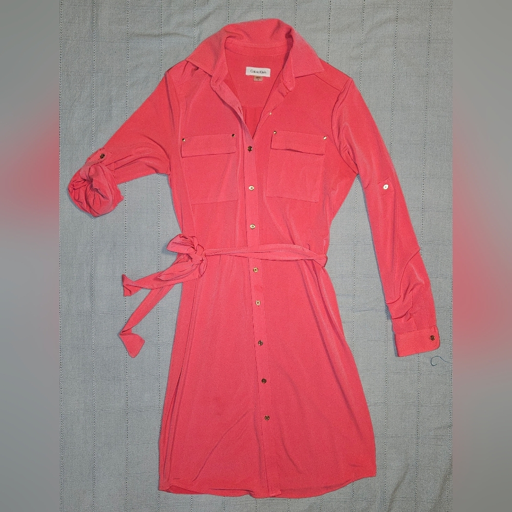 Calvin Klein Ember Orange Belted Shirt Dress. Size 2